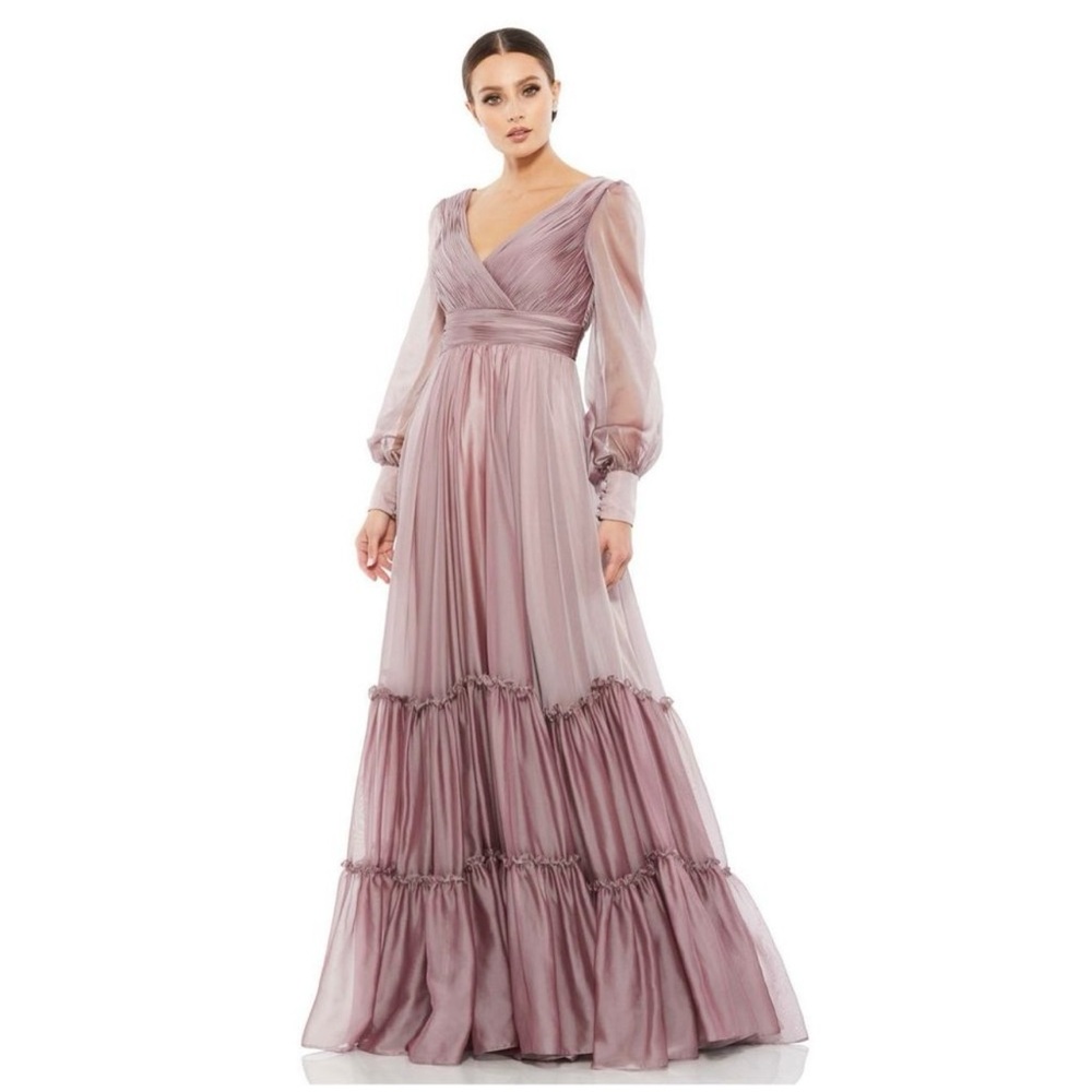 Brand new with no tags MAC DUGGAL FAUX WRAP LONG SLEEVE TIERED GOWN